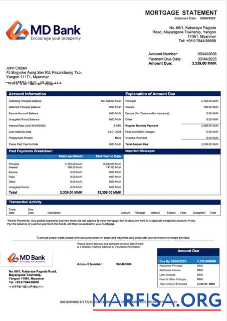 Printable Myanmar MD Bank mortgage statement Word and PDF template